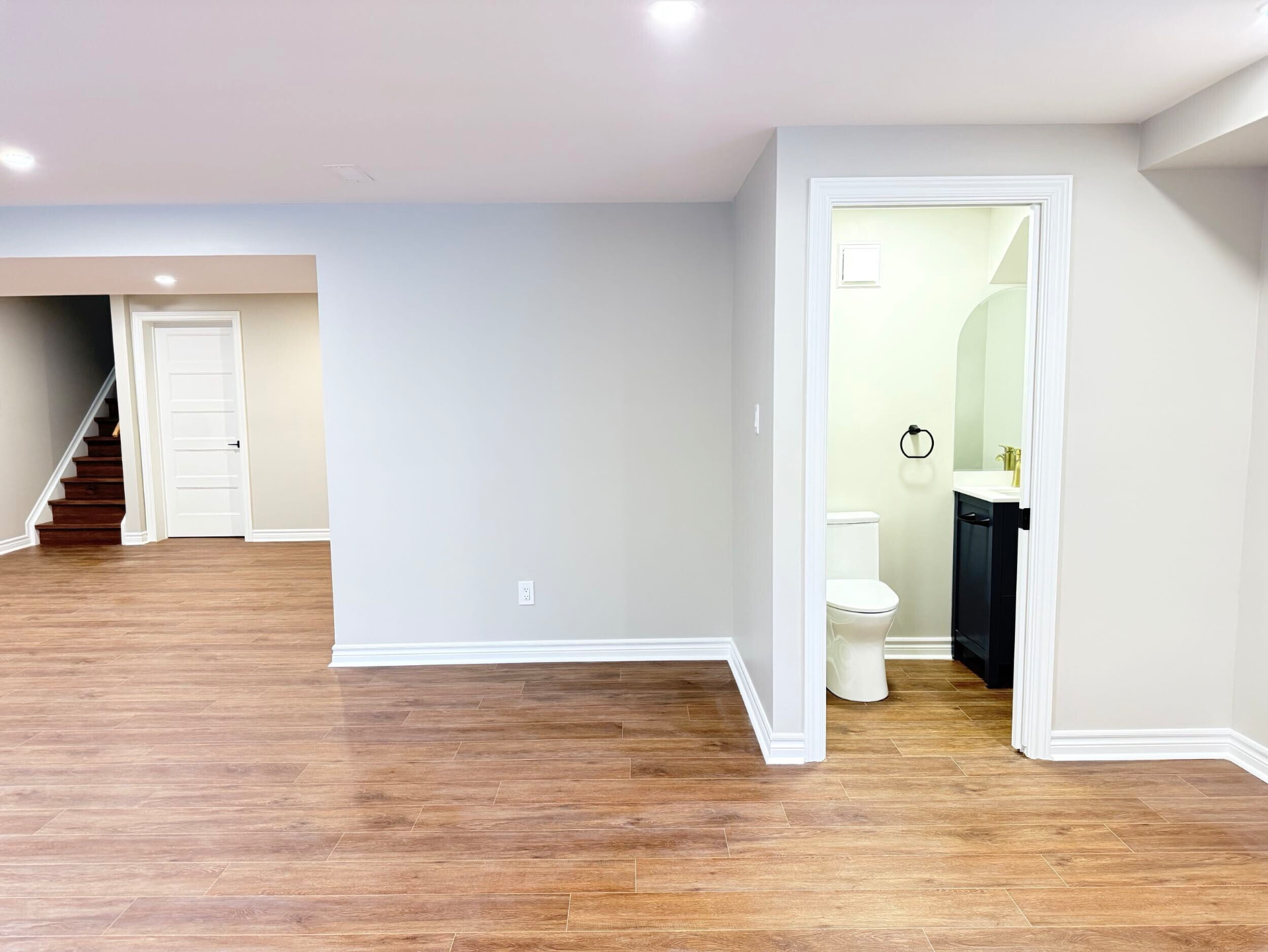 Finished basement living area with a powder room featuring a black vanity and brass tap