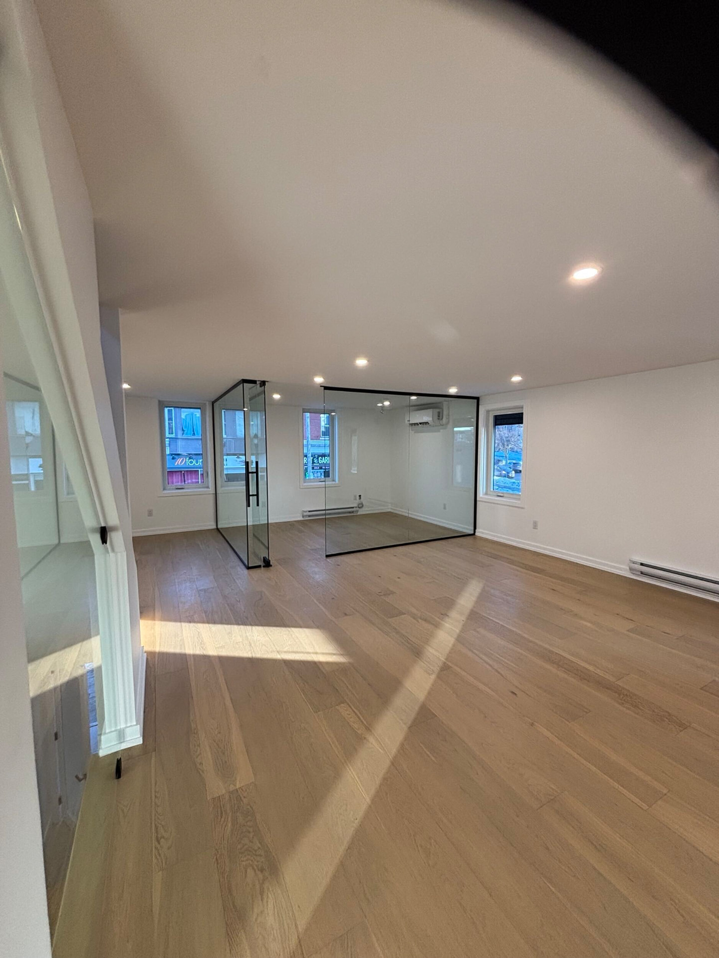 Glass-walled room with black framing and a frameless glass door inside an open loft