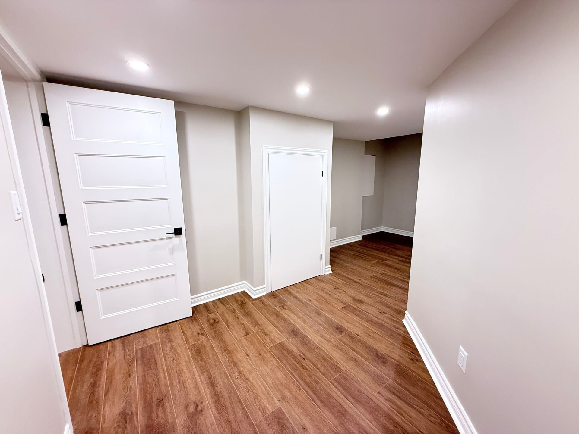 Basement hallway with warm plank flooring, white five-panel doors and recessed lights